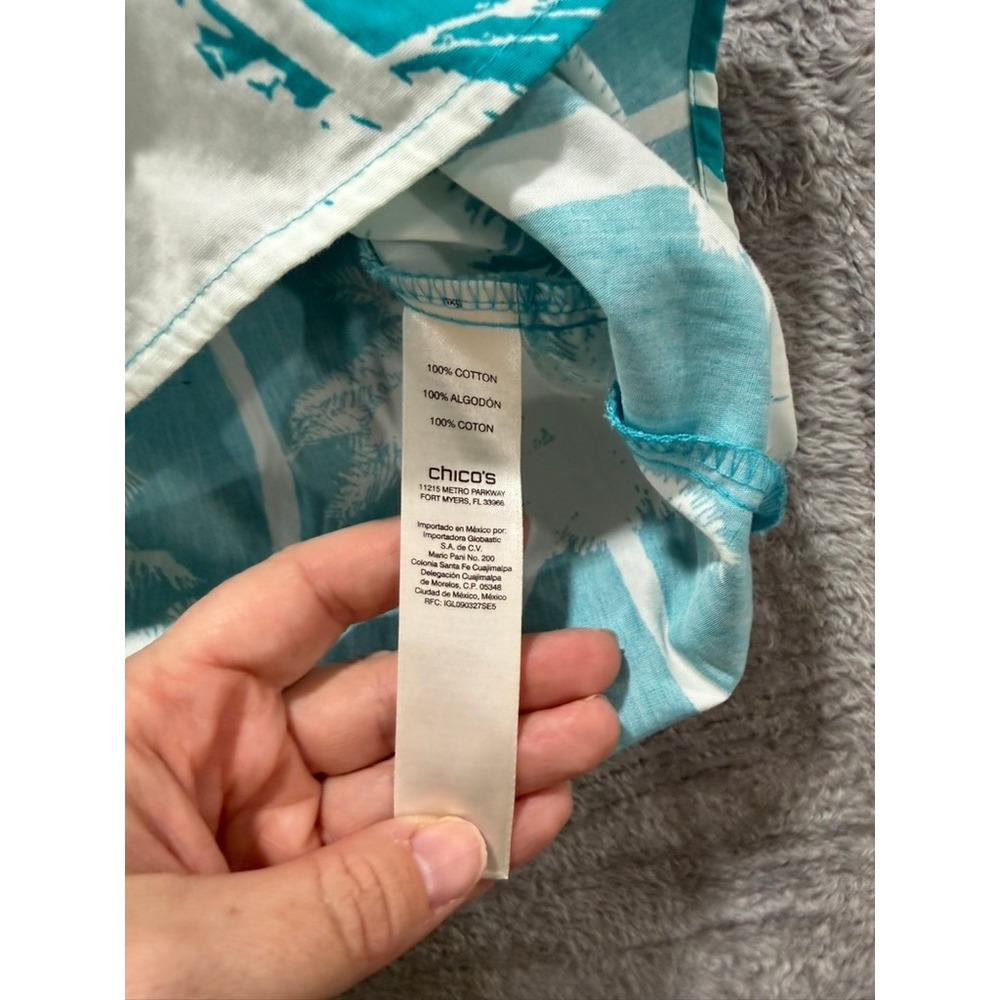 Chico's Sleeveless Blouse Womens Size 3 Teal Palm Print Tropical Resort - Picture 8 of 11